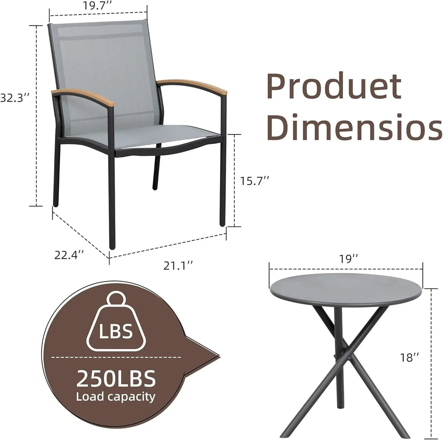 Three Piece Patio Bistro Set With Textilene Fabric Chairs And Table Grey Outdoor Furniture Set from PriceLows™