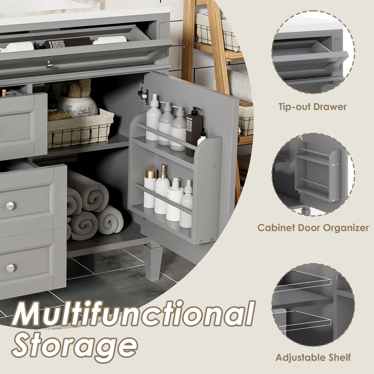 36 Inch Bathroom Vanity With Top Sink | 3 Drawers | Metal Drawer Slides | Ceramic Sink