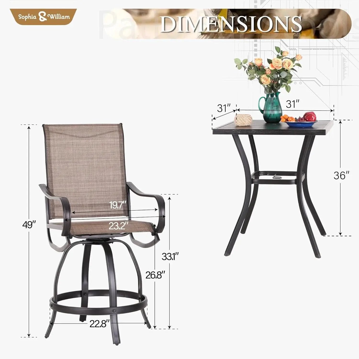 Counter Height Outdoor Bar Set With 2 Swivel Chairs from PriceLows™