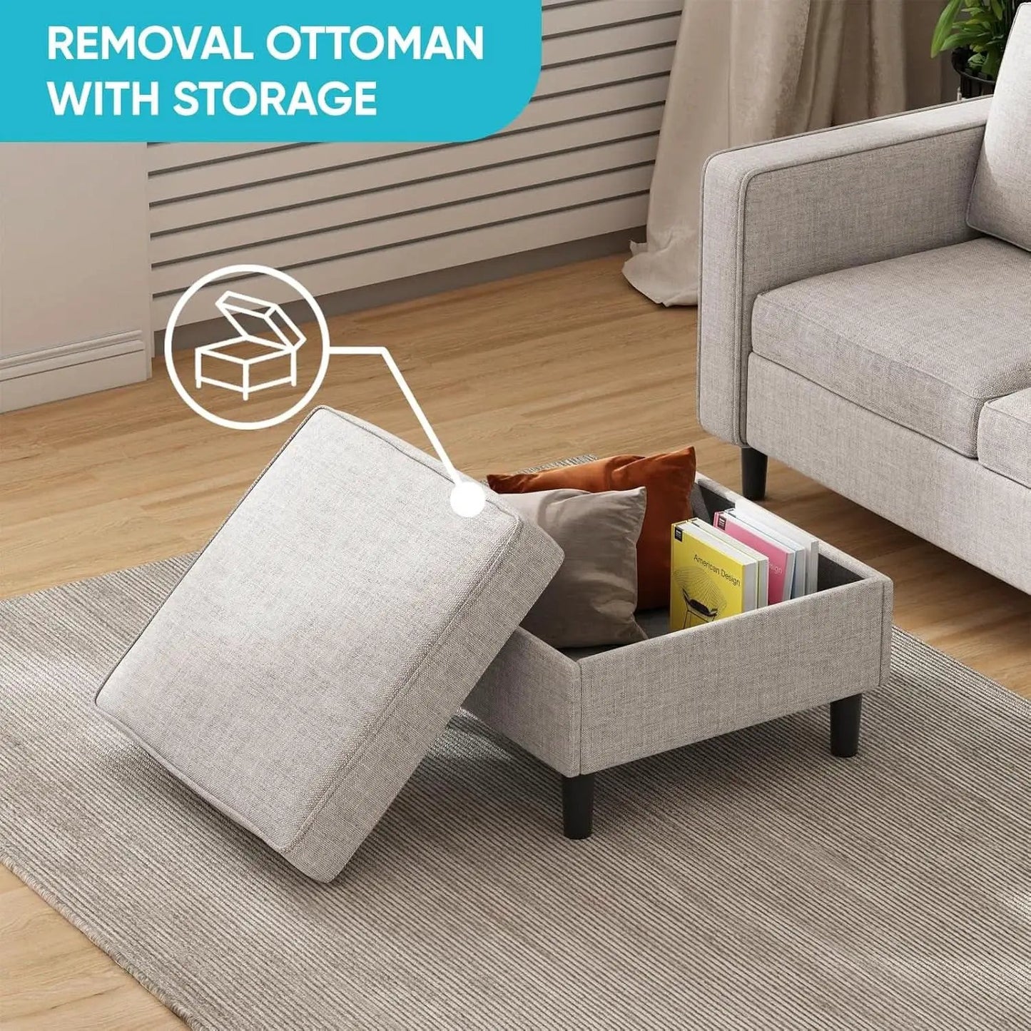 Beige 6 Seater Sectional Sofa With Movable Ottoman from PriceLows™
