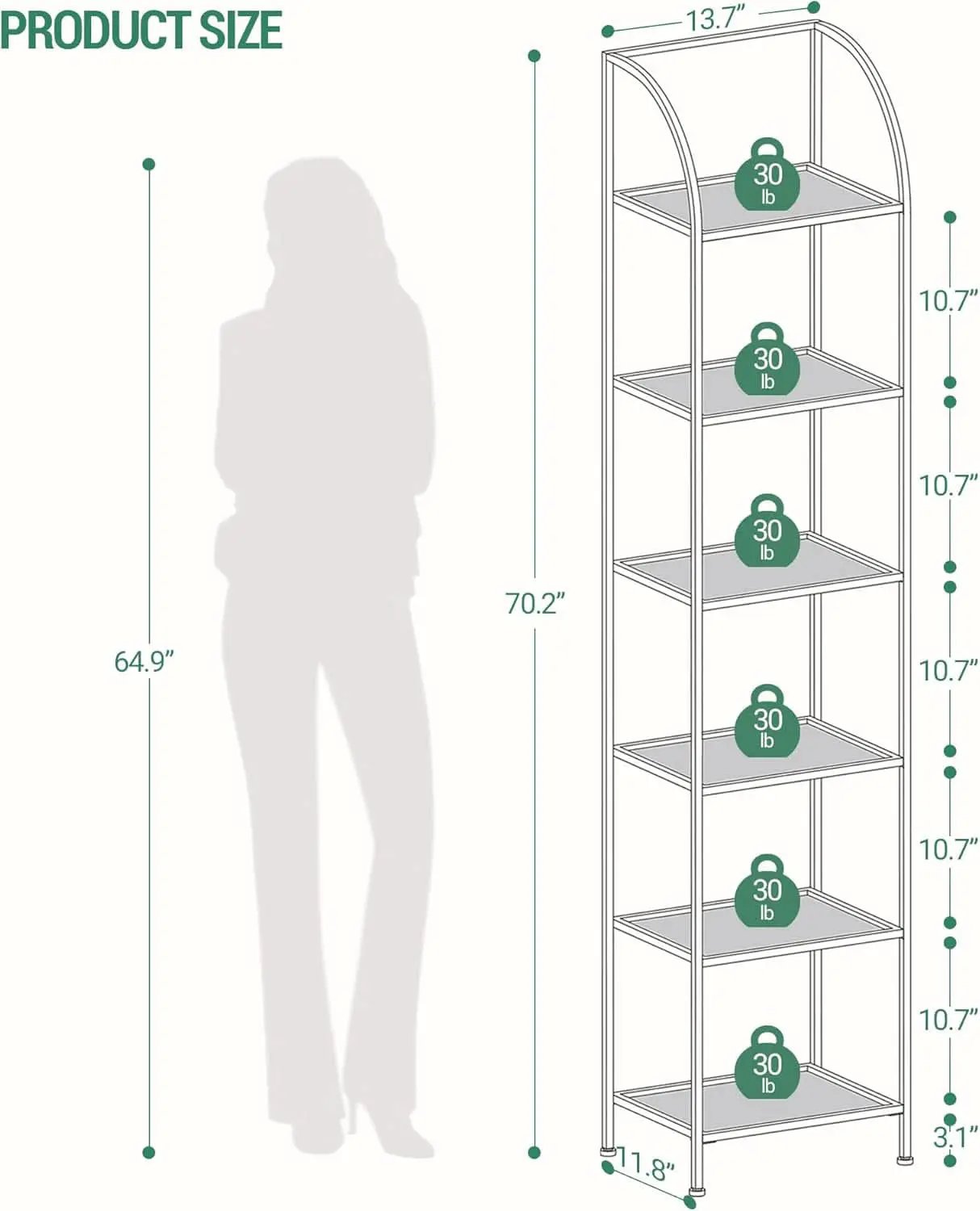 Bookcase Bookshelf 6 Tier Gold Tempered Glass Arched Top from PriceLows™