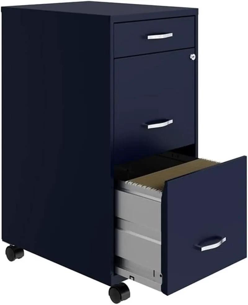 18 Inch Deep 3 Drawer Mobile Metal File Cabinet Navy With Cam Lock For Office Organization from PriceLows™