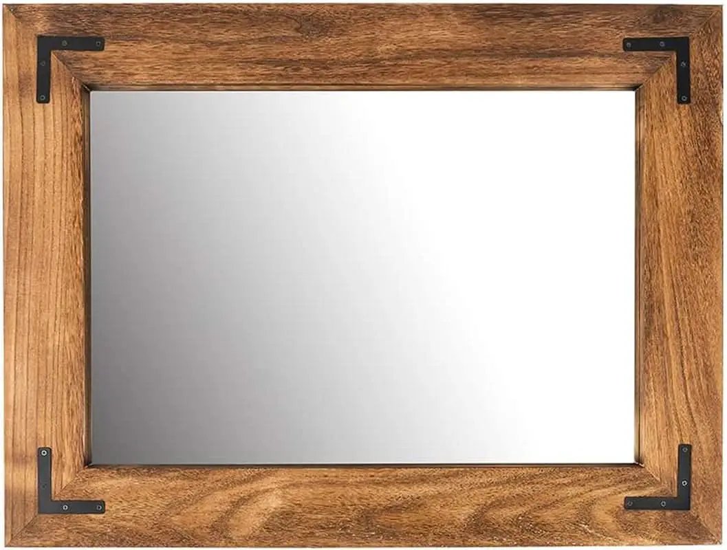 Rustic Wood Framed Wall Mirror 32 Inch Brown Vanity from PriceLows™