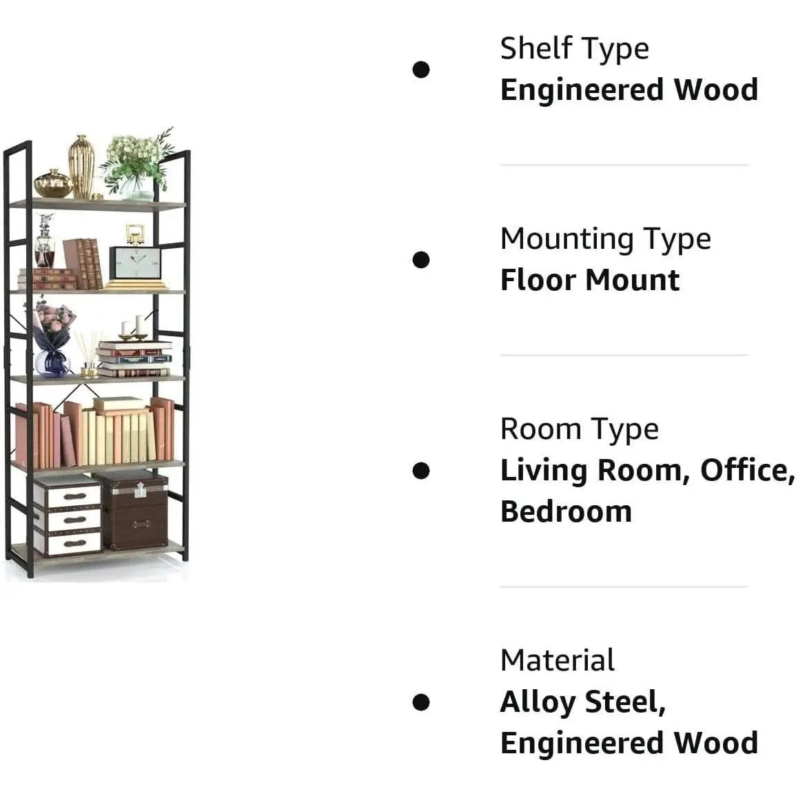 Grey Five Tier Bookshelf for Home Office and Living Room from PriceLows™