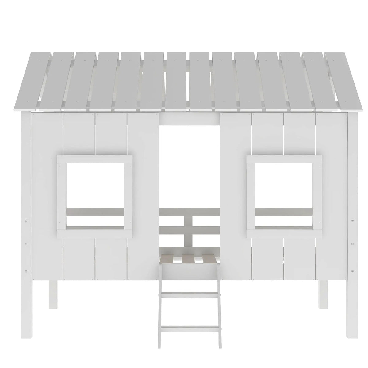Twin Size Low Loft Bed | Pine Wood Frame | Roof With Two Windows | White