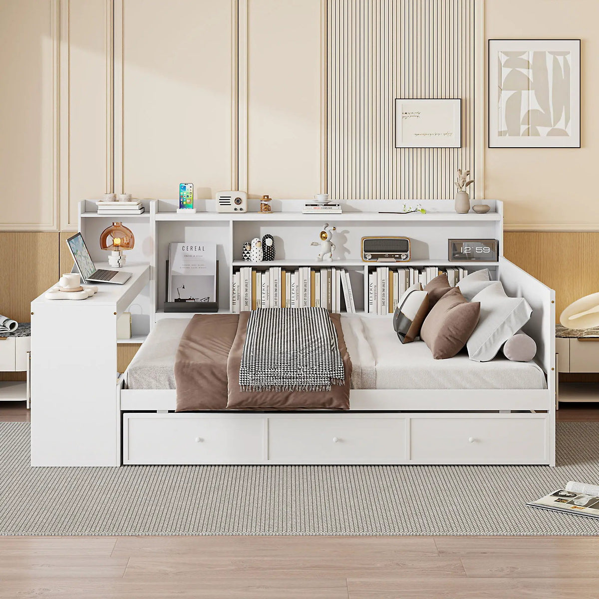 Pine Wood Daybed | 3 Drawers | USB Ports | Built-In Desk