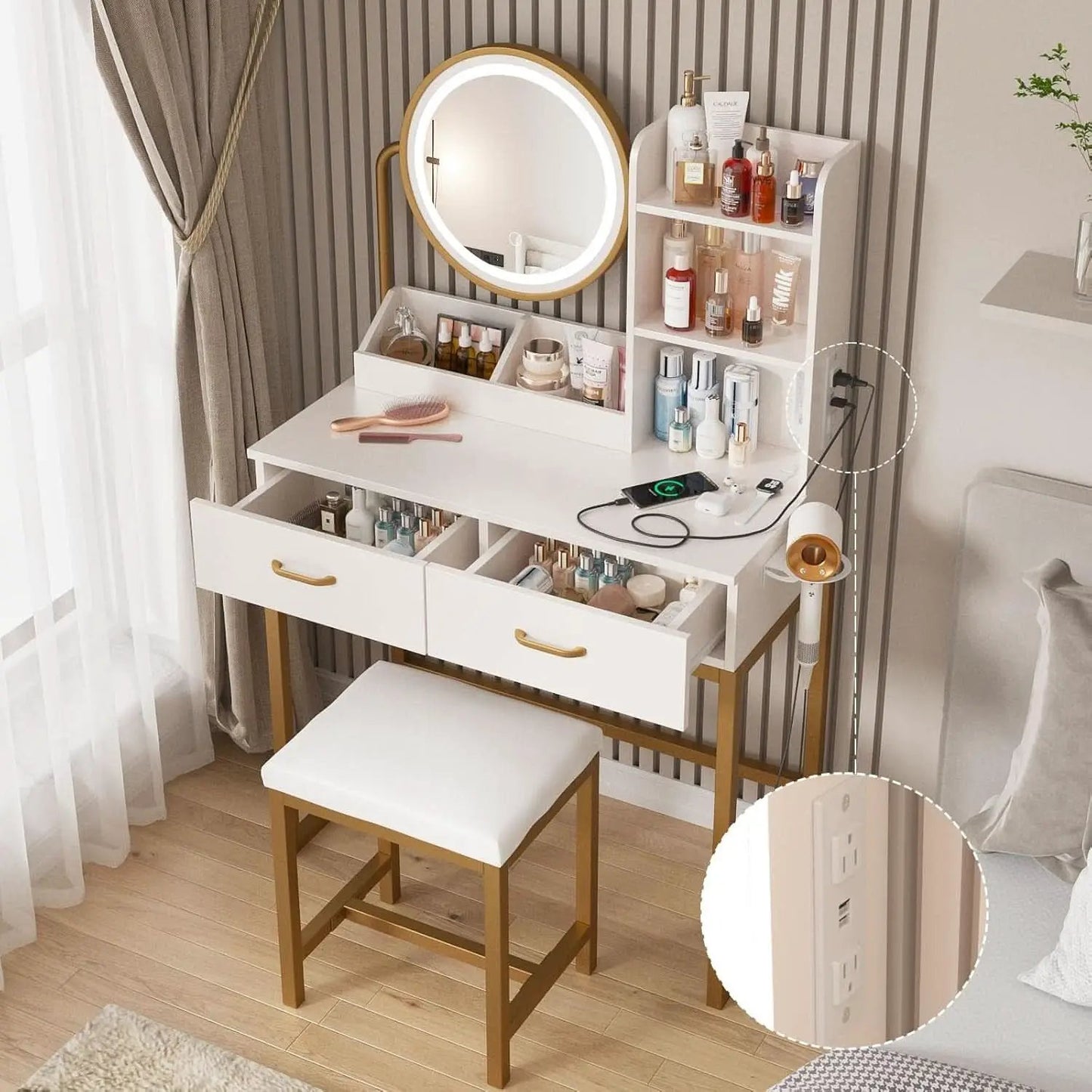 White Round LED Makeup Vanity Mirror With Charging Station 31.5 Inch from PriceLows™