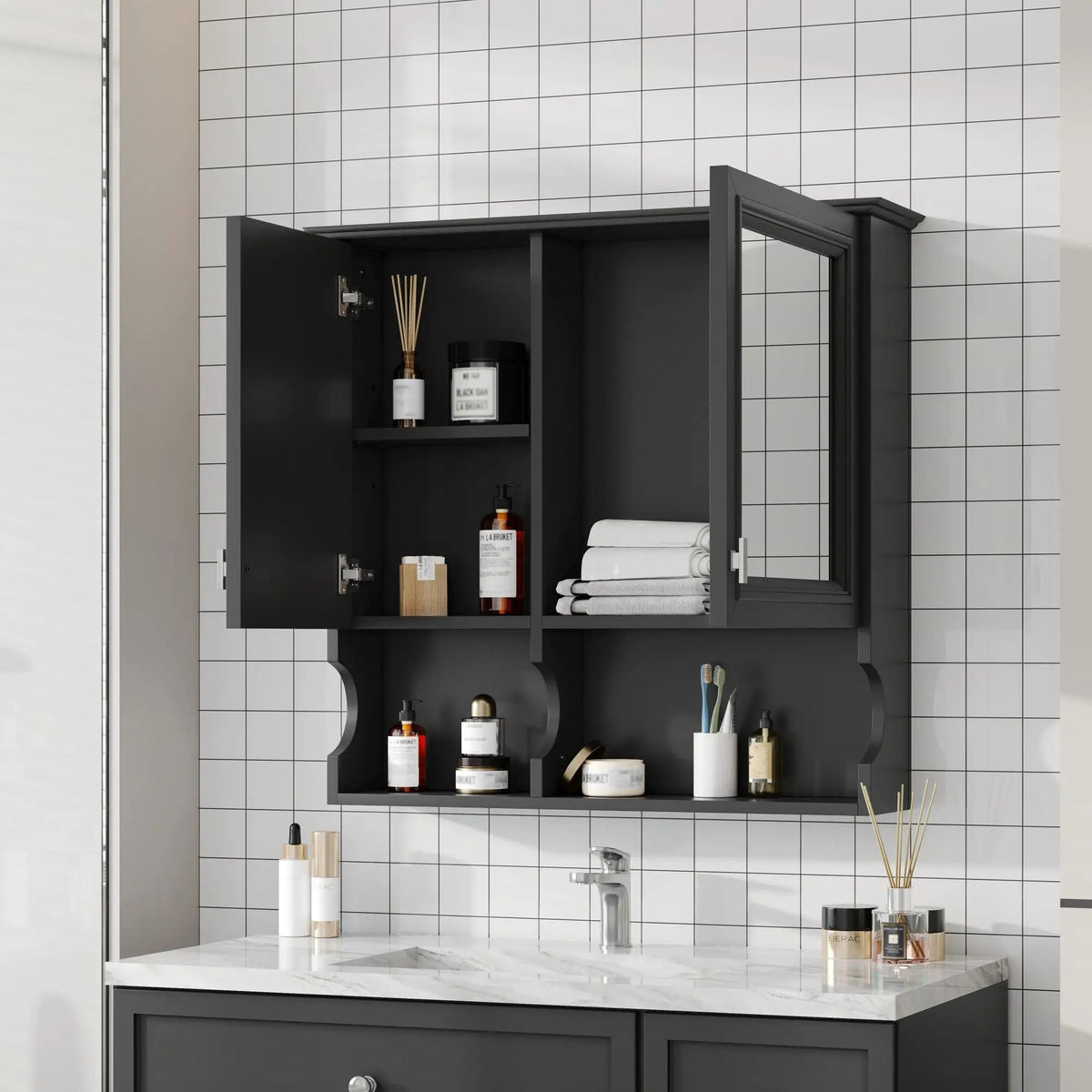 Wall Mounted Mirror Medicine Cabinet | 30 Inch Width | Doors And Open Shelves | Adjustable Shelf