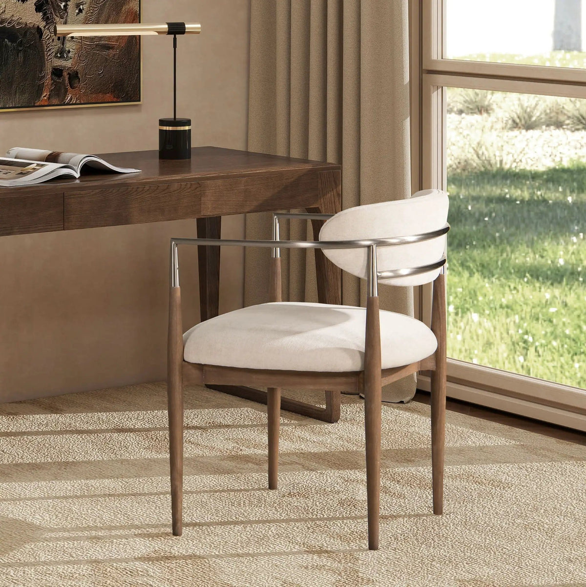 Artemis Mixed Material Upholstered Dining Arm Chair | 22 x 23 x 30.5 in | Rubberwood | Warm White