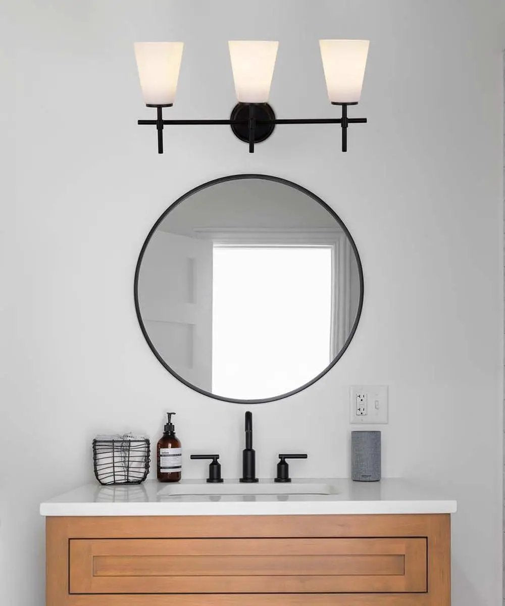 Vanity Light Fixture | 3 Light Black Finish | Opal Glass Shade | 24 Inch Wide