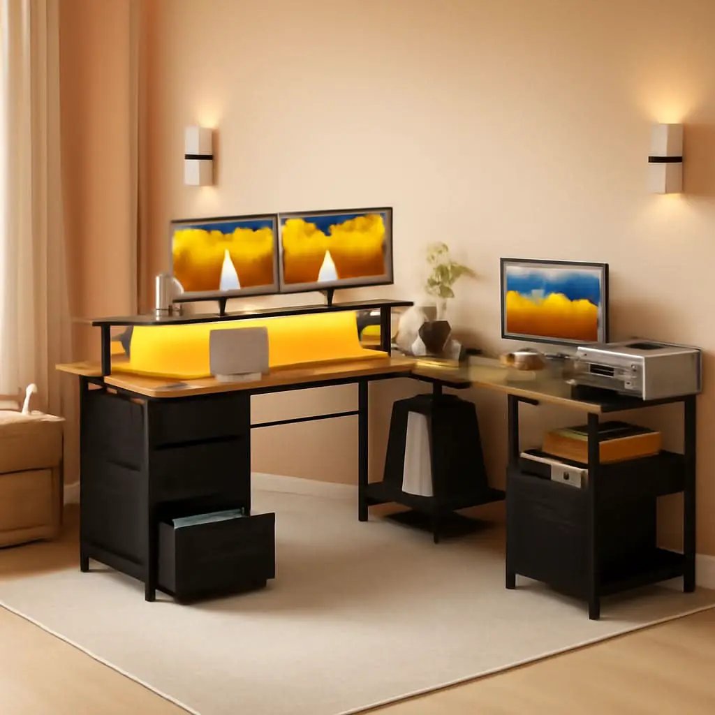 66 Inch L Shaped Desk With LED Lights And Power Outlet from PriceLows™