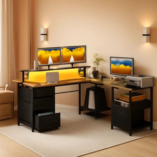 66 Inch L Shaped Desk With LED Lights And Power Outlet from PriceLows™