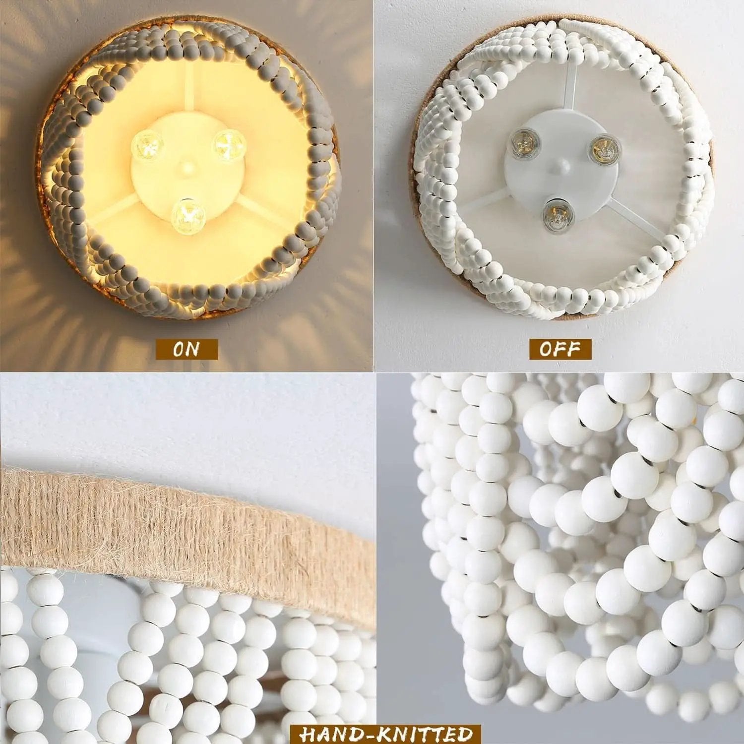 Three Light White Wood Bead Bohemian Chandelier Handmade from PriceLows™