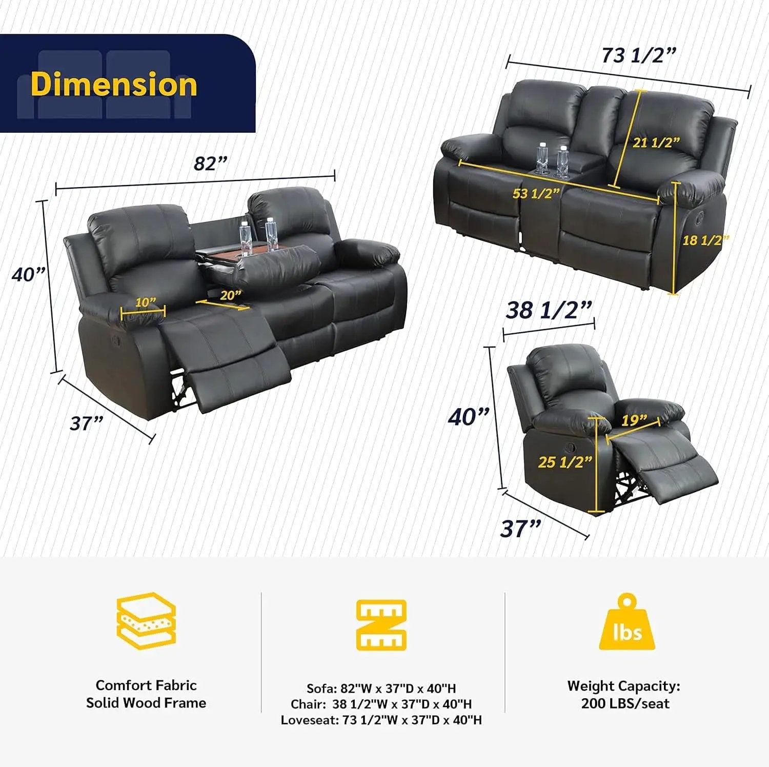 Beverly Fine 3 Piece Recliner Living Room Set Faux Leather from PriceLows™