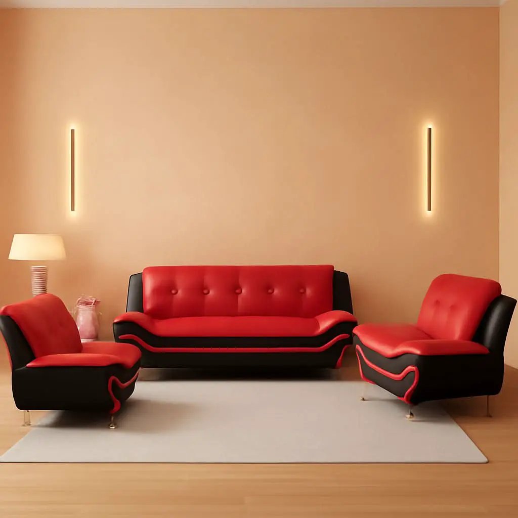 Leather Three Piece Living Room Sofa Set Black And Red from PriceLows™