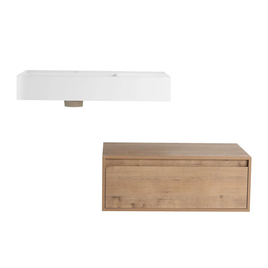 Modern Wall Mounted Bathroom Vanity With Resin Sink And Side Cabinet, Soft Close | 29.5 x 18.1 x 15.8 in | Plywood & Resin | Oak