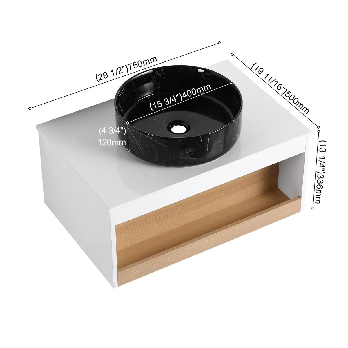 Wall Mounted Bathroom Vanity | Vessel Sink | Open Shelf Storage