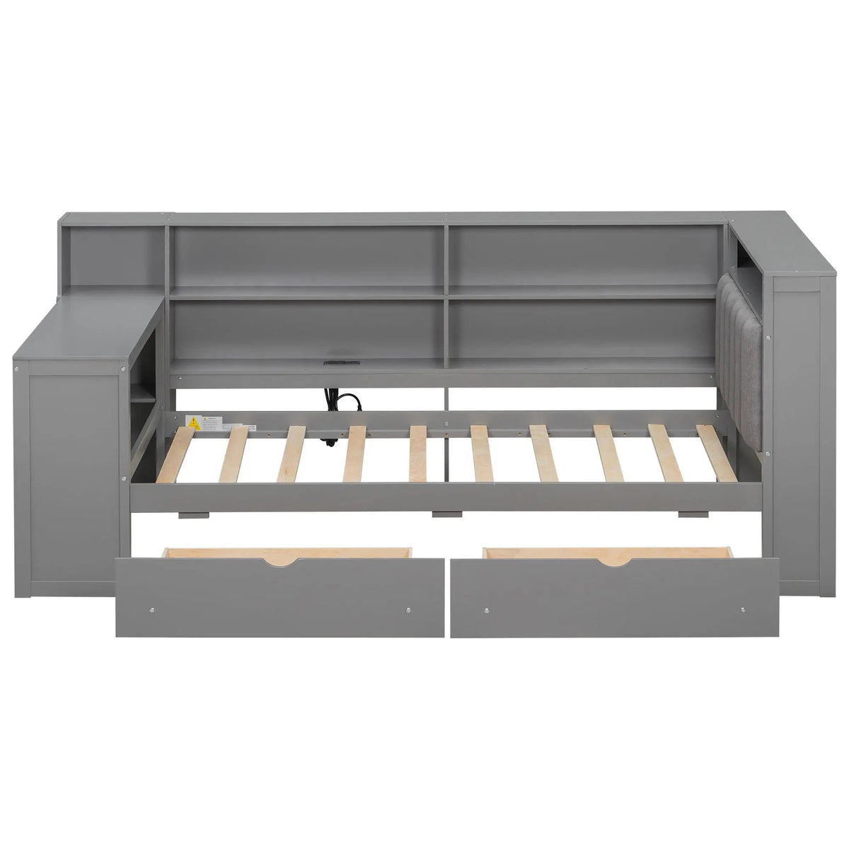 Upholstered Platform Storage Bed | Eight Open Shelves | Two Drawers | LED Lighting And Charging Station
