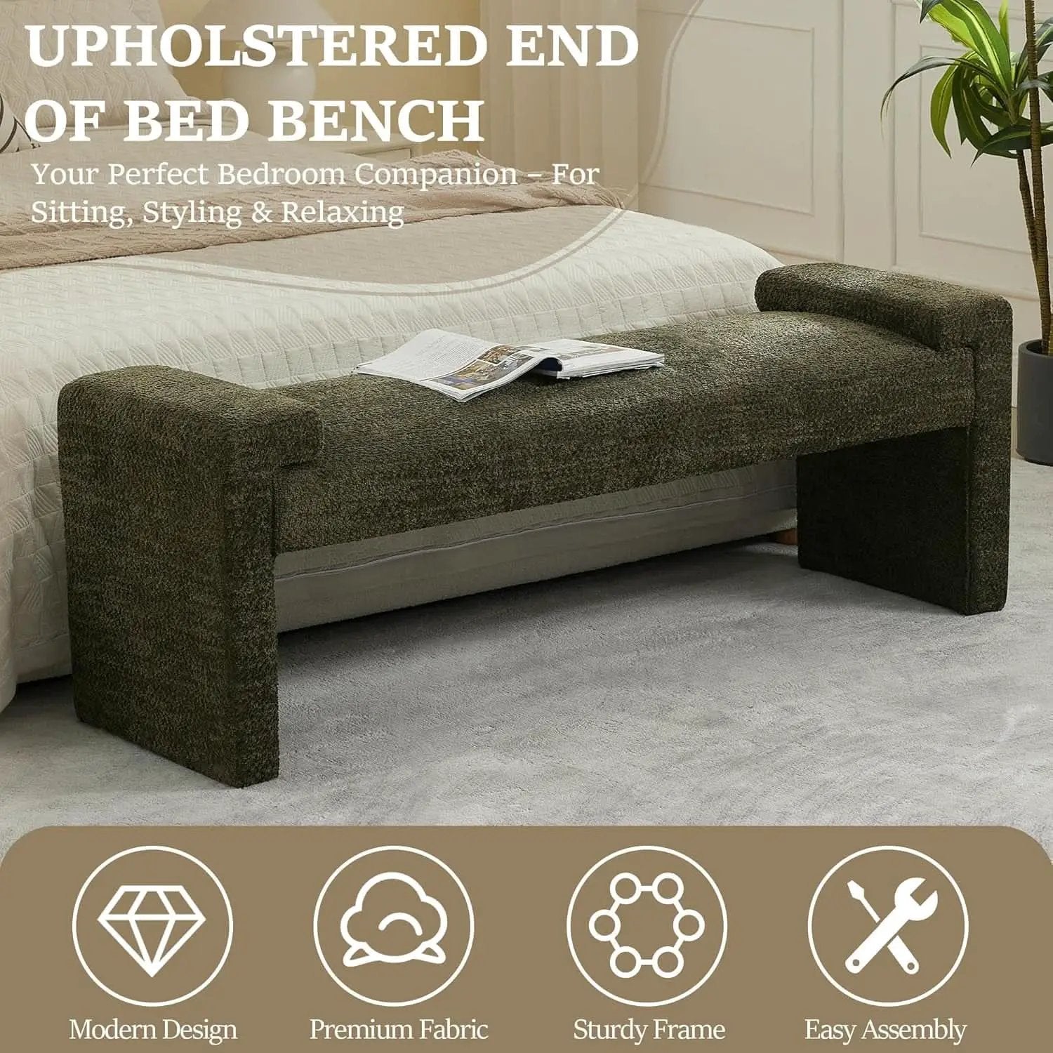 Green Upholstered End Of Bed Bench Curved Wood Frame from PriceLows™