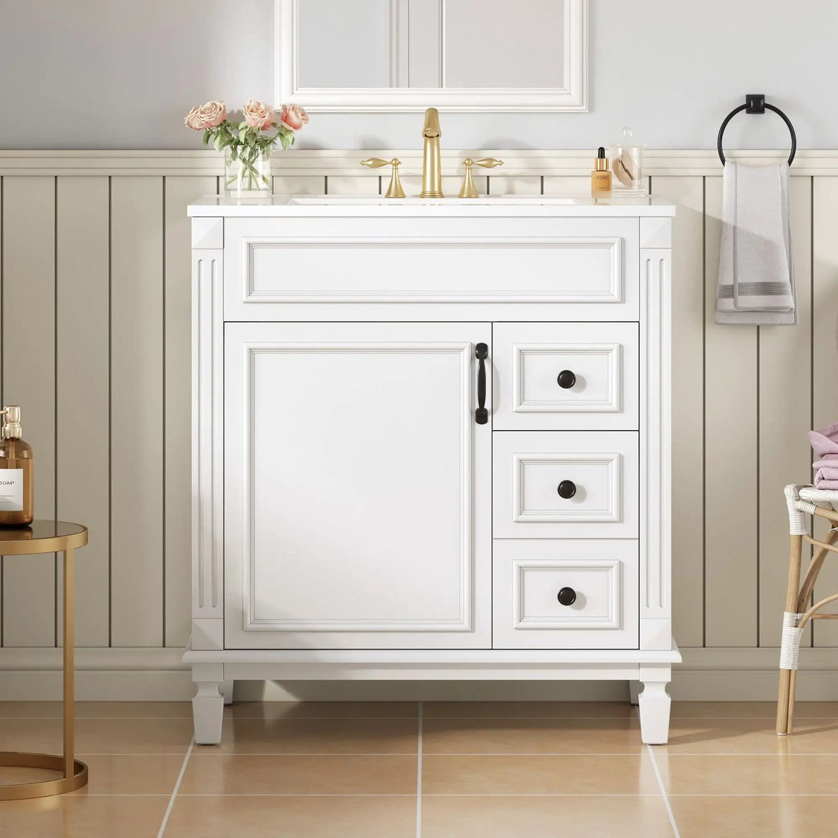 Bathroom Vanity With Sink, Cabinet With 2 Drawers And Adjustable Shelf | 2 Pieces | Solid Wood & Iron | Bathroom