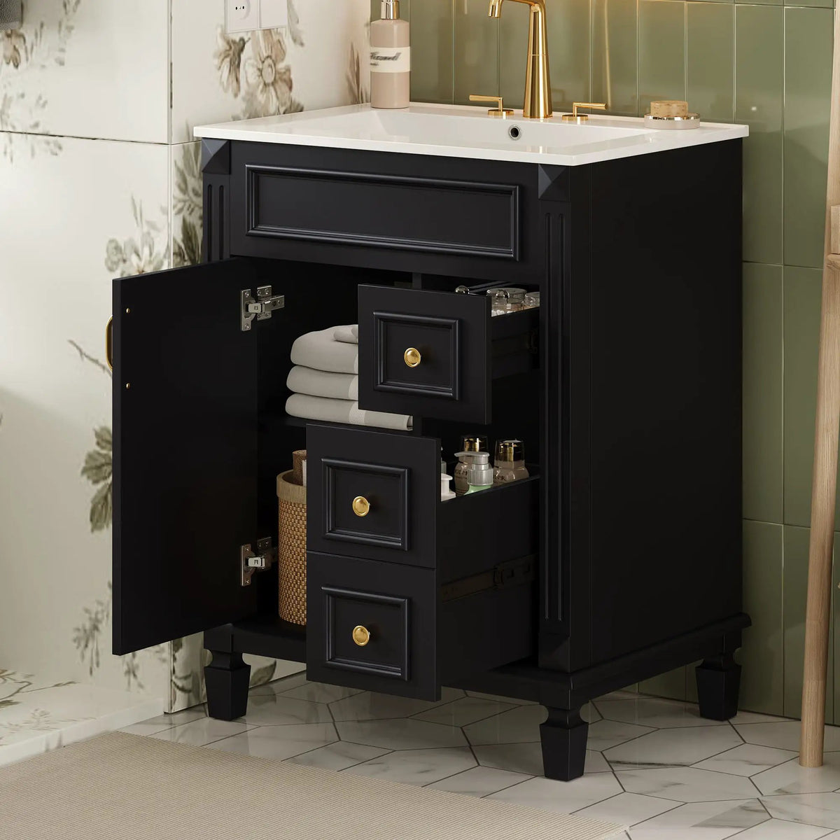 24 Inch Compact Bathroom Vanity | 2 Deep Drawers | Adjustable Shelf | Retro Button Handles