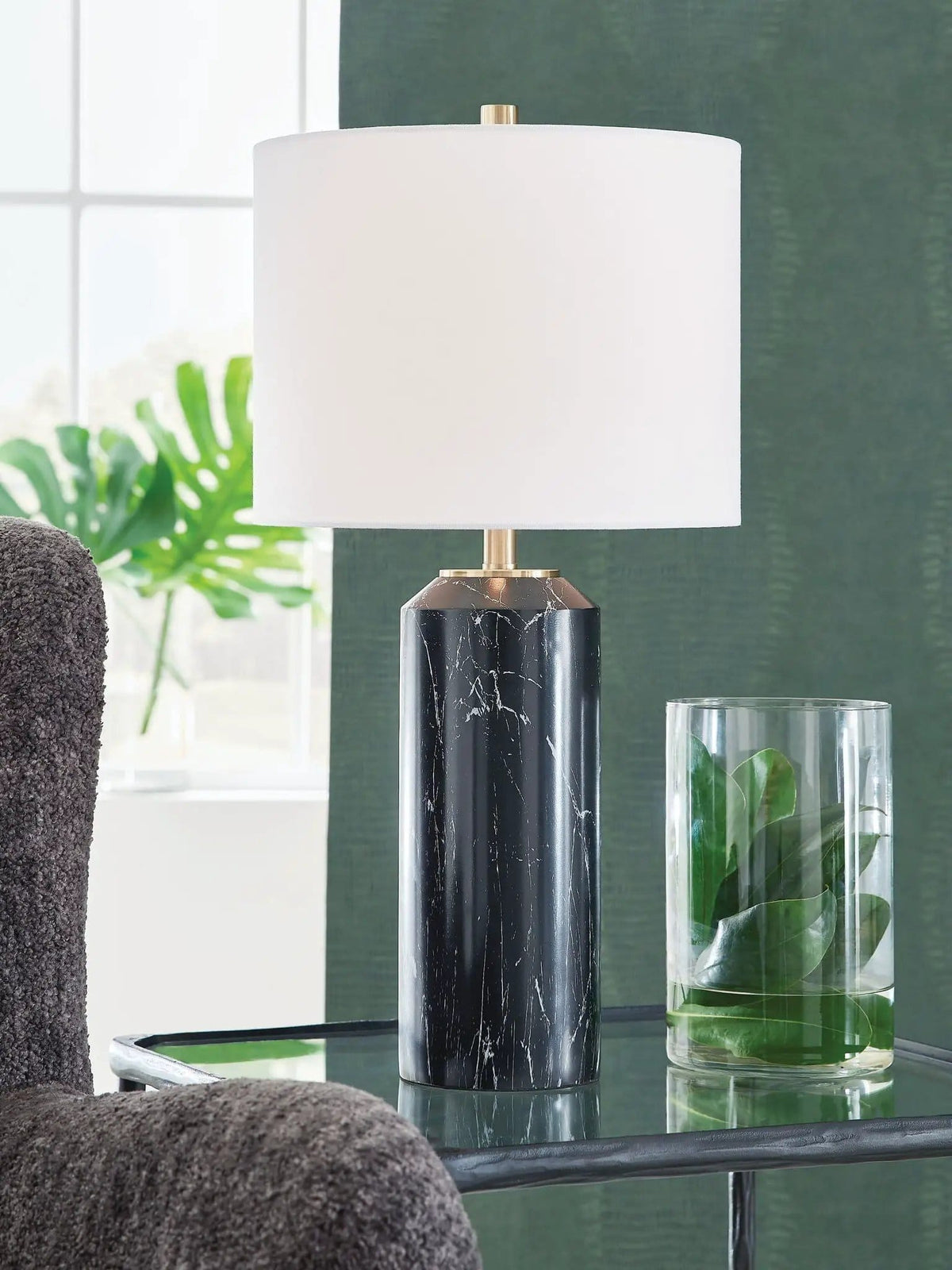 Hanzila Poly Table Lamp | 13.13 x 13.13 x 25.75 in | Faux Marble & Fabric | Black / Gold Finish