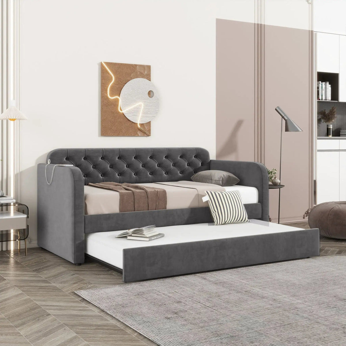 Upholstered Daybed With Trundle And USB Charging Design | 2 Pieces | Fabric | Bedroom