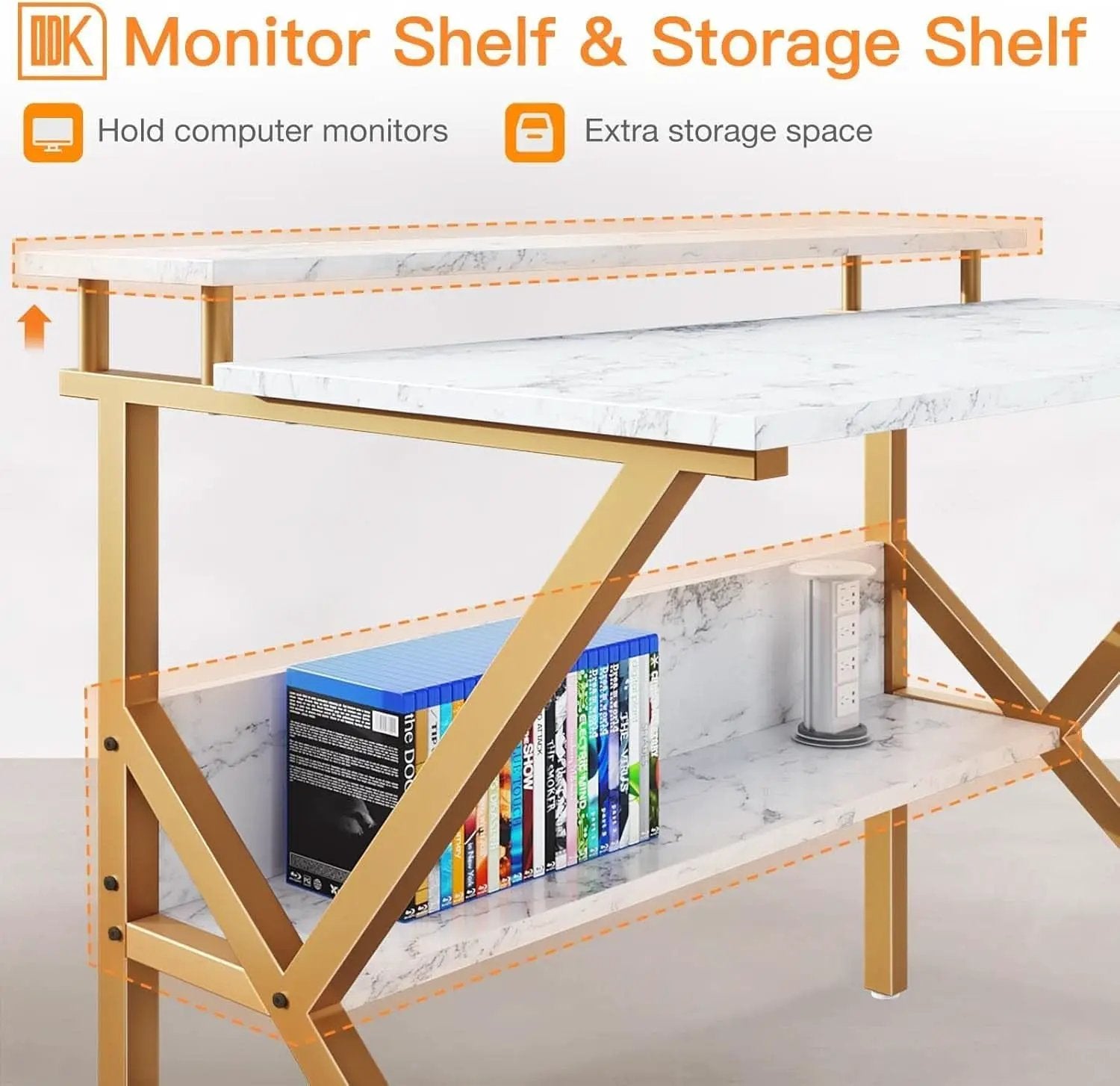 27.5 Inch Computer Desk With Monitor Stand And Storage White Marble Gold Leg from PriceLows™