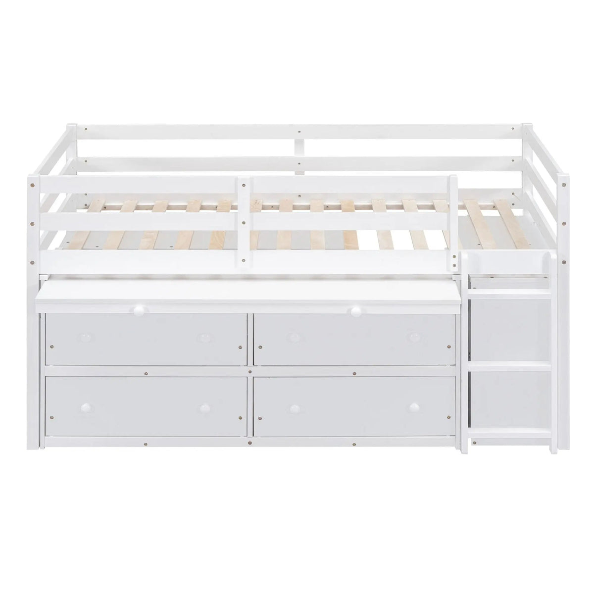 Loft Bed With Retractable Desk | 4 Front Drawers | Lateral Portable Desk | Side Shelves