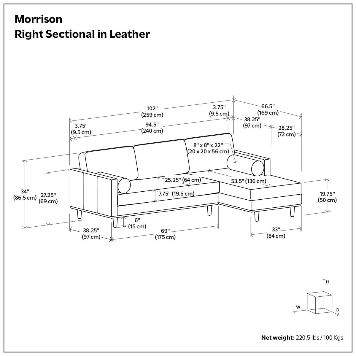 Morrison Upholstered Sectional Sofa | Genuine Aniline Leather | Chaise Cushions | 102.2 Inch Length