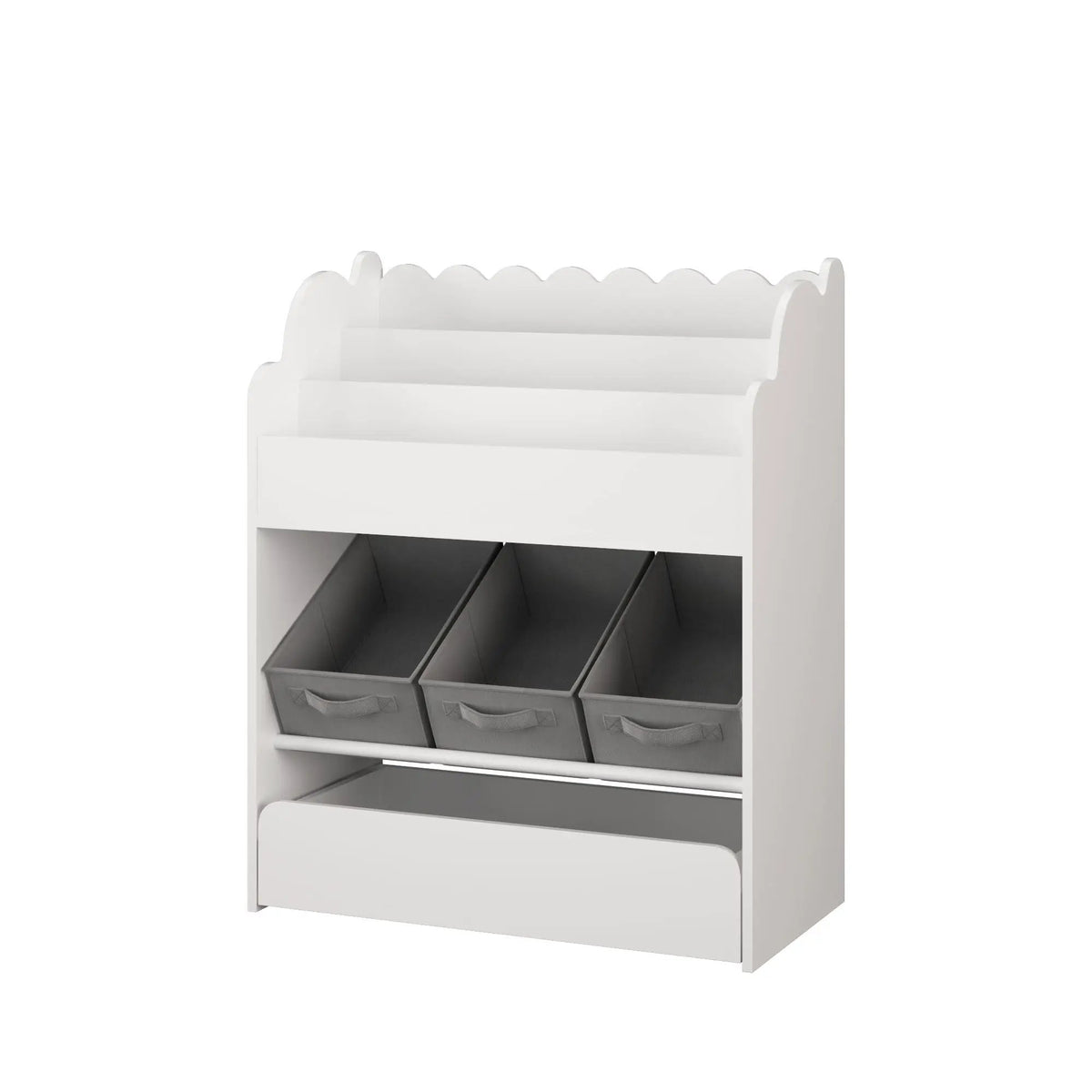 Toddler Bookshelf | 3 Fabric Bins | Bottom Drawer | White