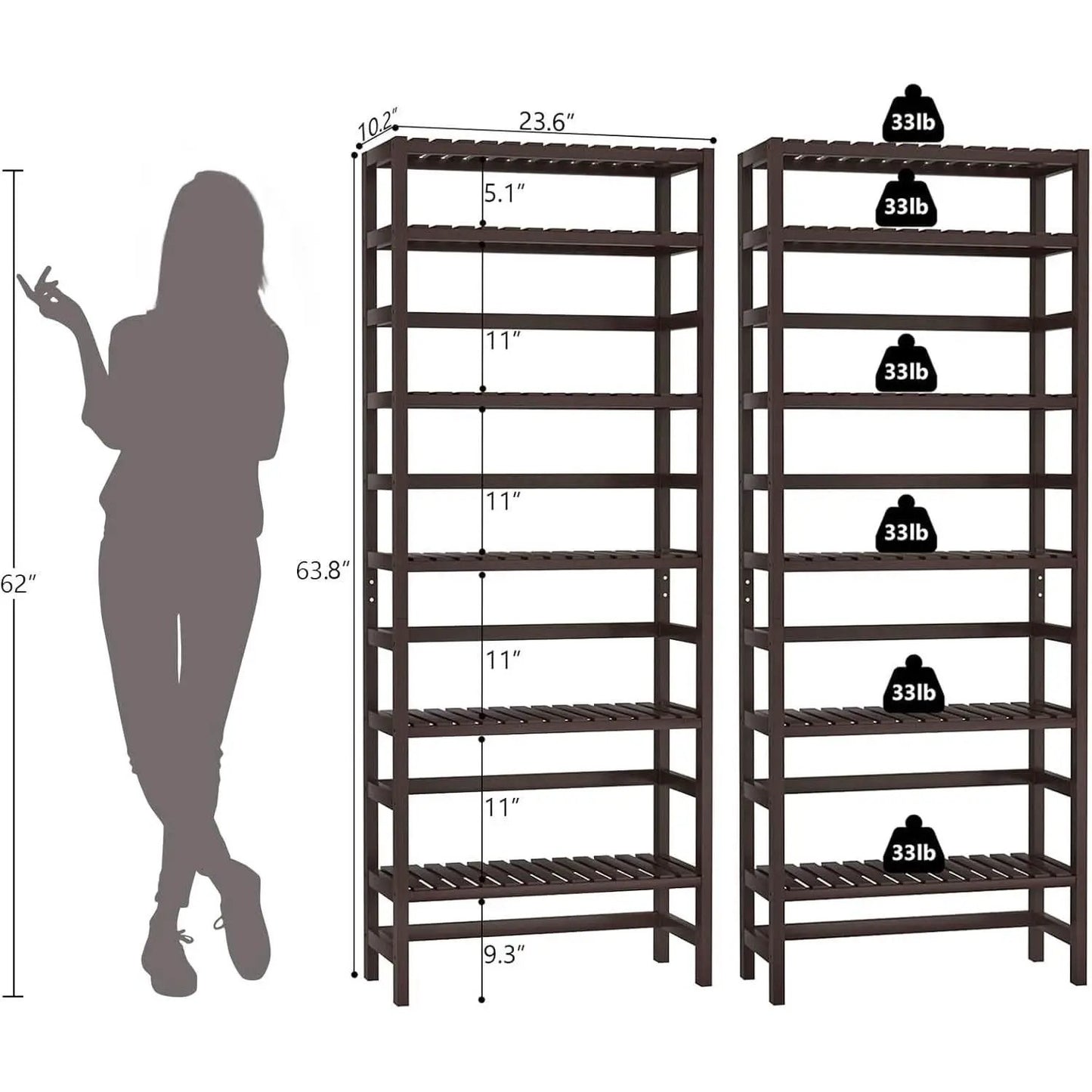 6-Tier Bamboo Bookcase Espresso 63.4 Inch Tall Freestanding Shelf