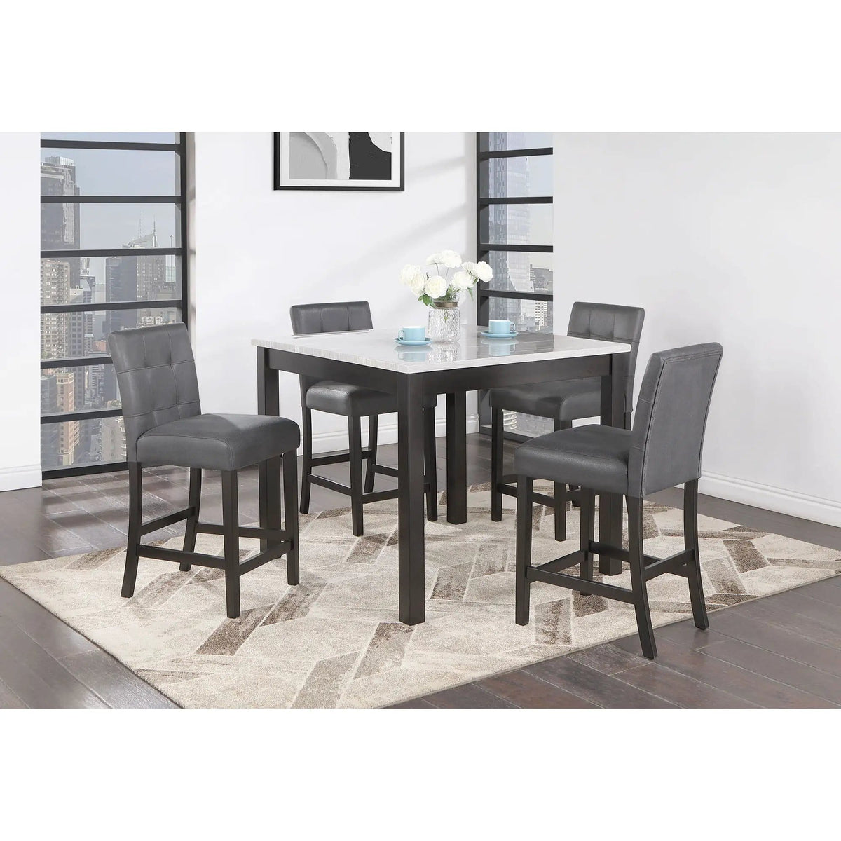Leon Bar Table And 4 Bar Stools 5 Piece Dining Room Set | 42 x 42 x 36 in | Solid Wood & Polyester | Espresso / White