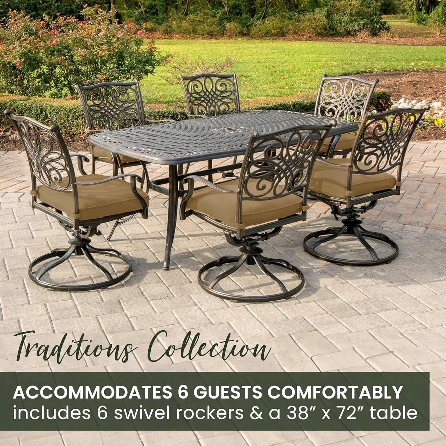 7 Piece Patio Dining Set 6 Swivel Chairs Tan Cushions 38x72 from PriceLows™