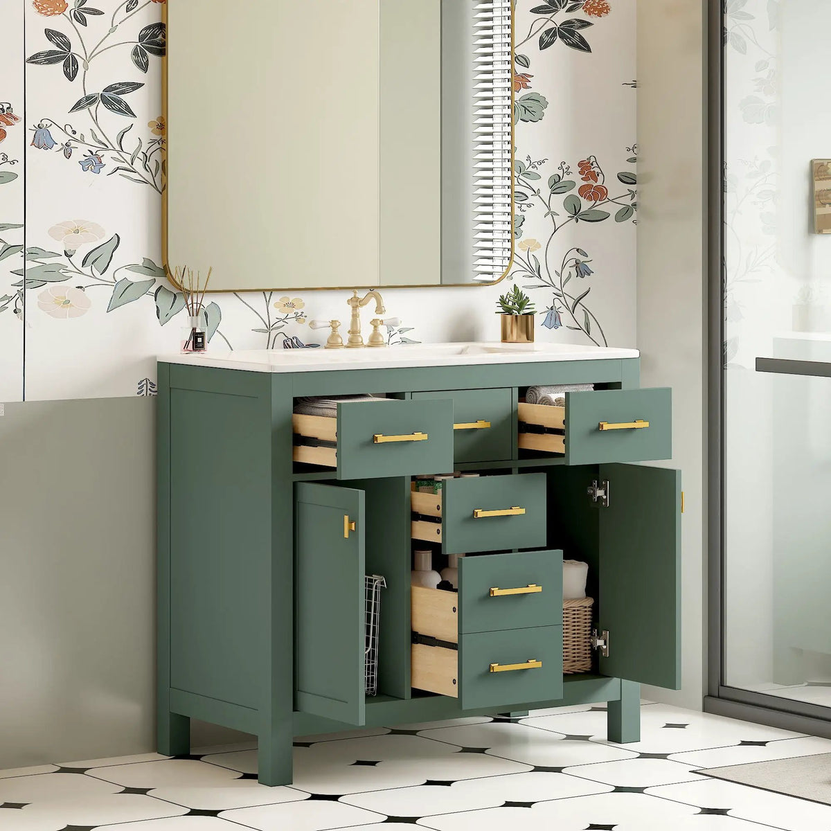 36 Inch Bathroom Vanity | Resin Sink Combo Set | 4 Drawers | Solid Wood Feet