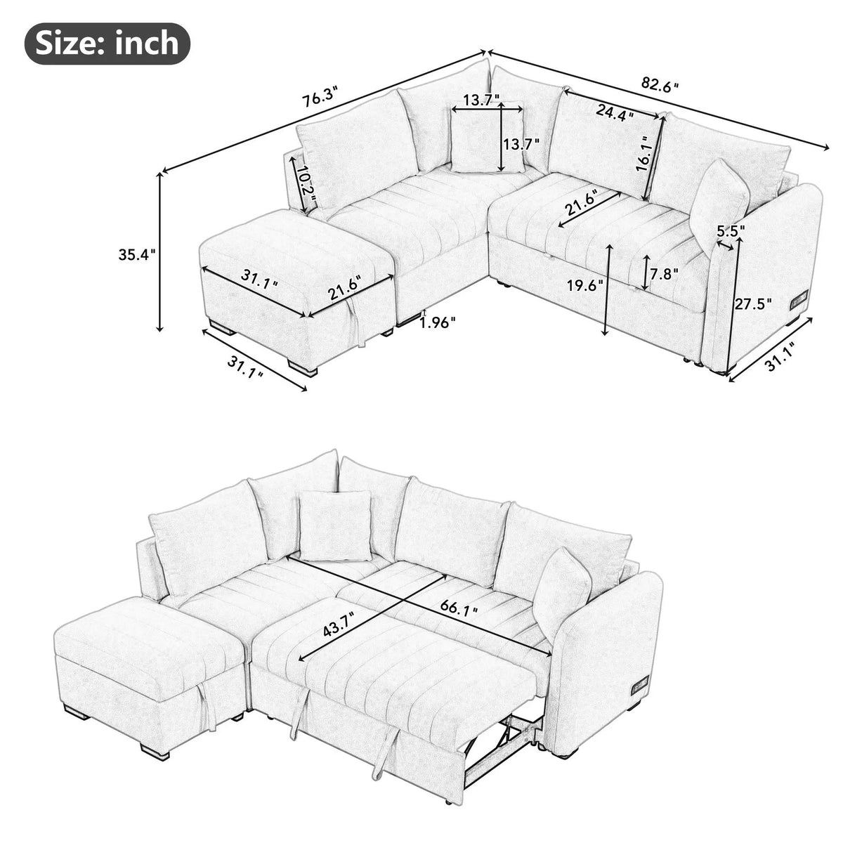 L Shaped Sectional Sofa Bed | USB Ports | Power Sockets | Storage Ottoman