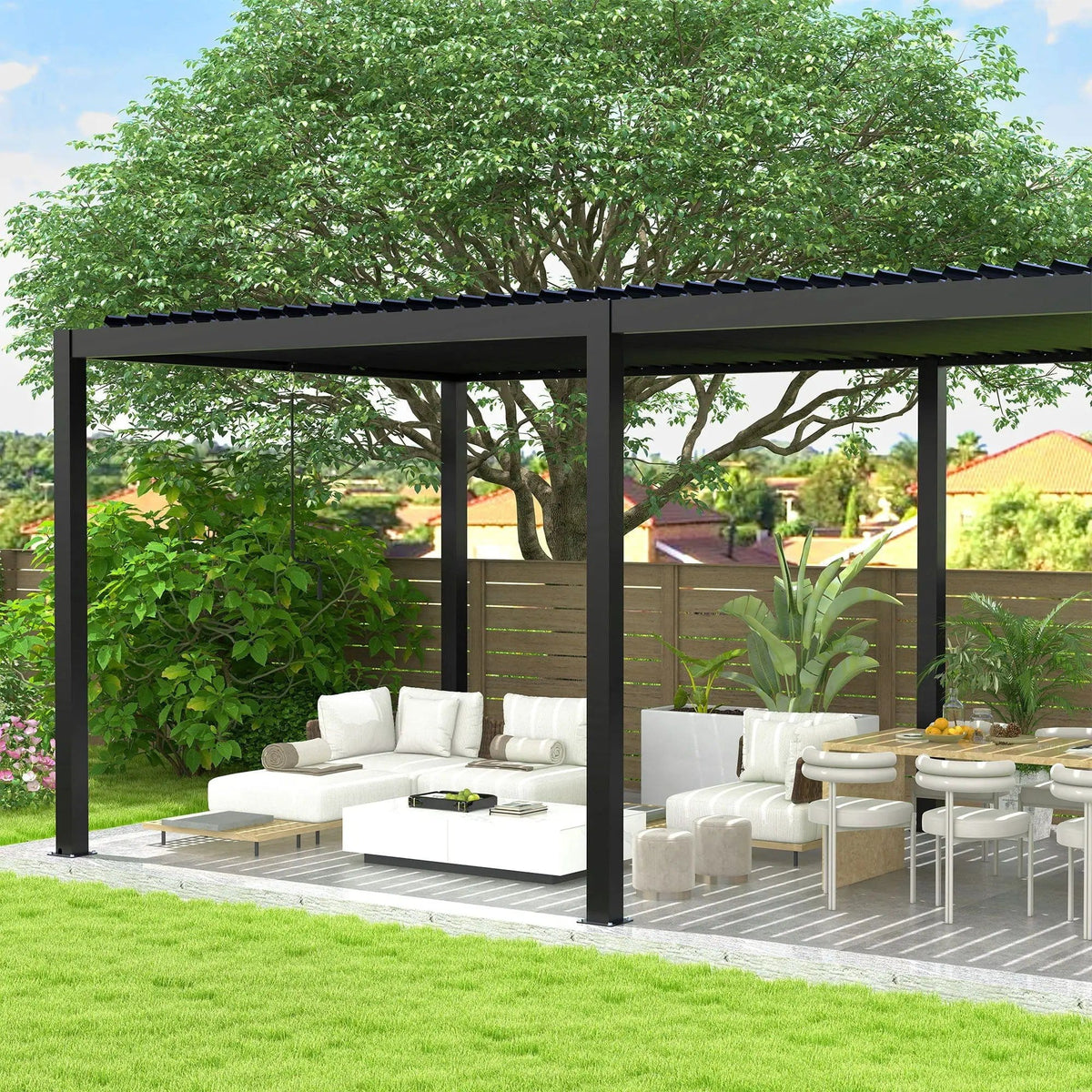 Louver Pergola Steel Louvers & Frame - Umbrella & Canopy | 228 x 118 x 90.5 in | Steel & Aluminum | Black