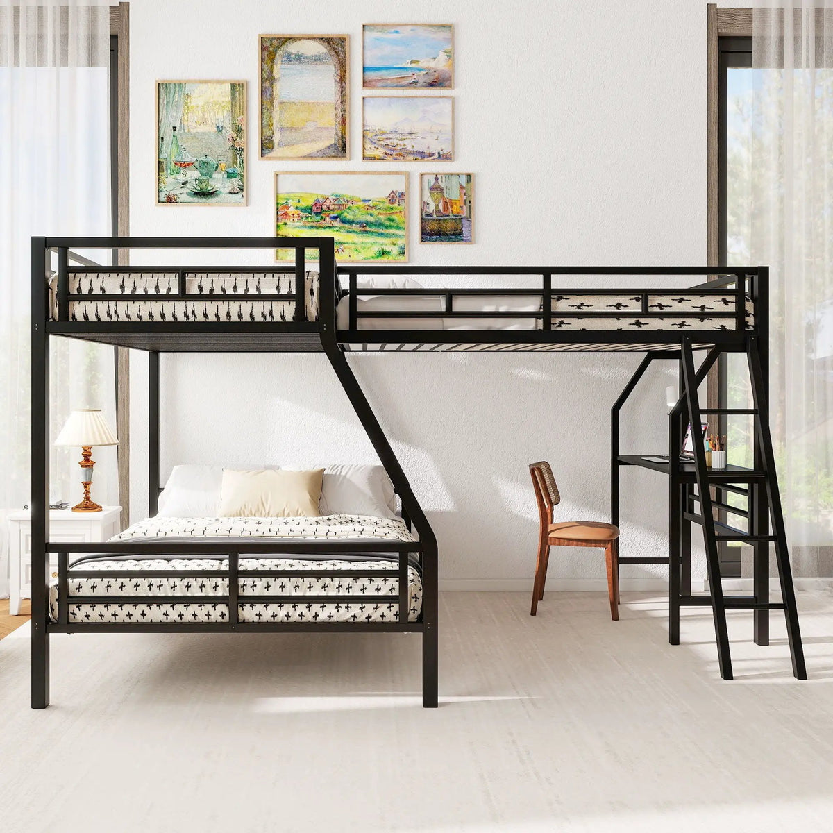 Twin Over Full Loft Bed | L Shaped Design | Built In Desk | Black Frame