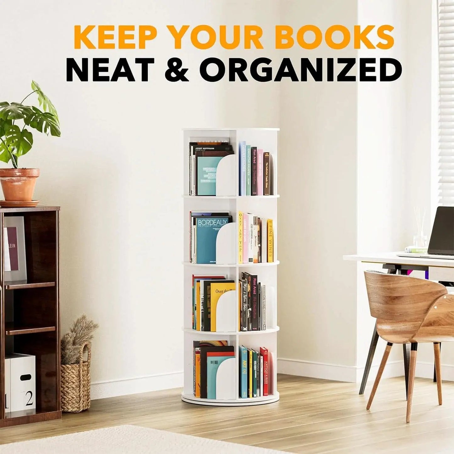 4 Tier Rotating Bookshelf Tower White Spinning Bookcase from PriceLows™
