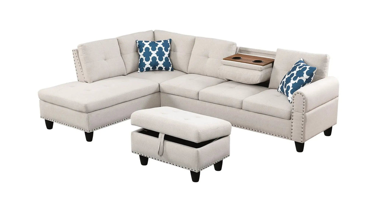 Alger Wide Left Hand Facing Sofa & Chaise With Ottoman 2 Piece Living Room Set | 71 x 98 x 33 in | Linen & Fabric | Beige