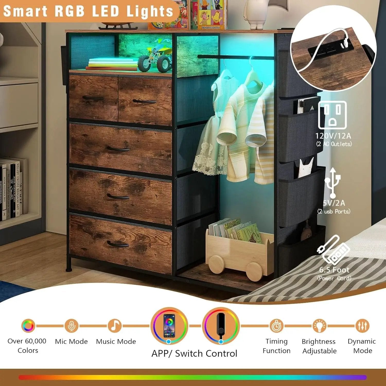 Matte Black Dresser With LED Charging Station For Bedroom from PriceLows™