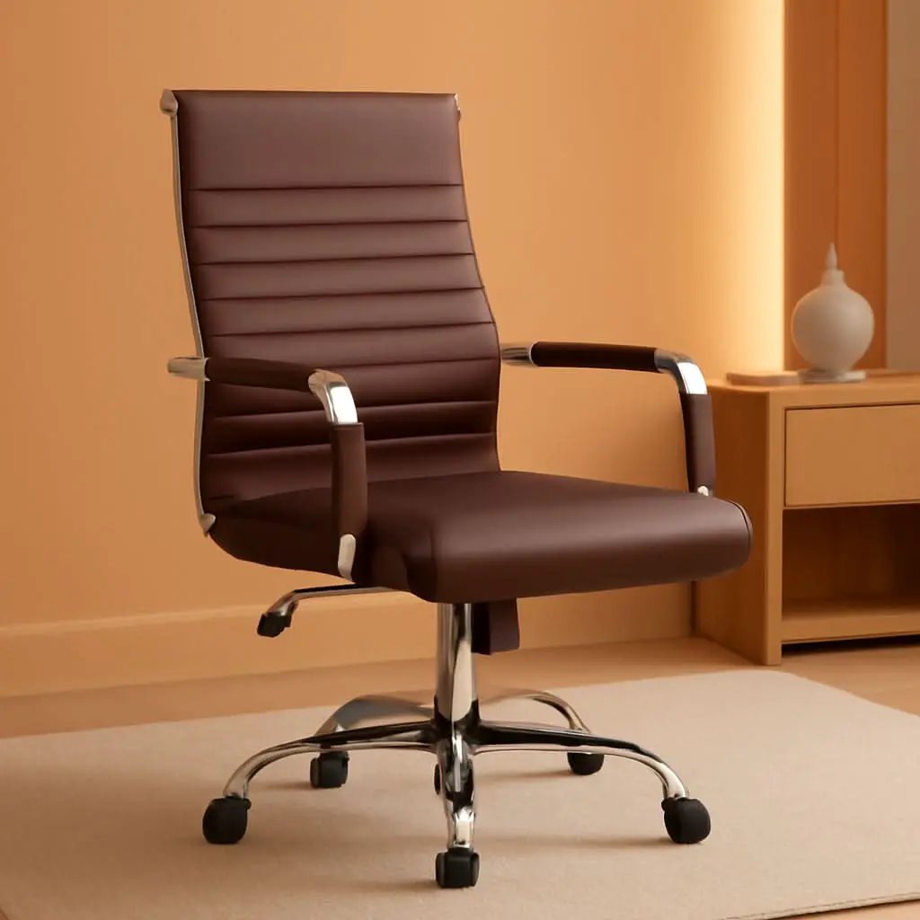 Ribbed PU Leather Office Chair With Arms Brown Adjustable from PriceLows™