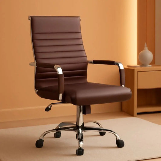 Ribbed PU Leather Office Chair With Arms Brown Adjustable from PriceLows™