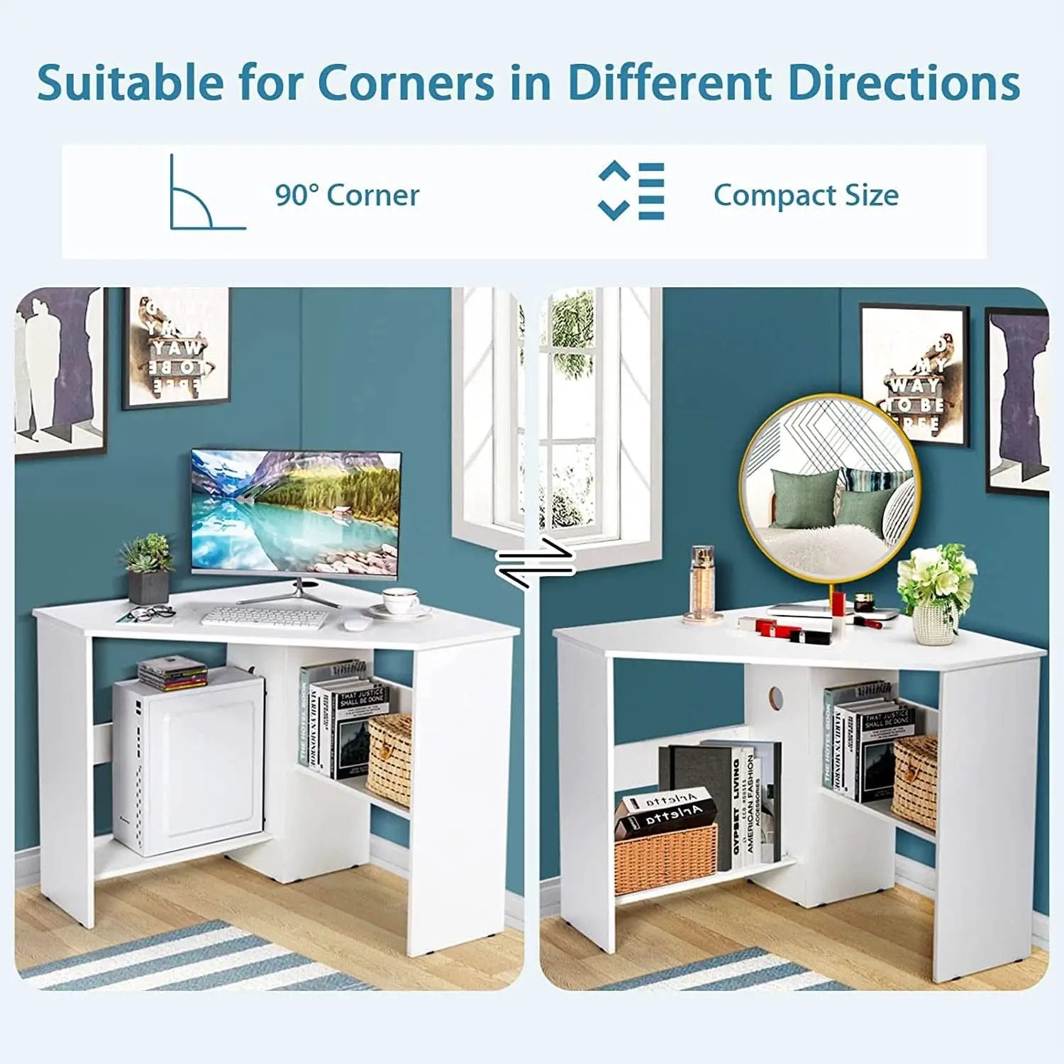 Compact White Corner Desk With Storage Shelves For Home Office from PriceLows™