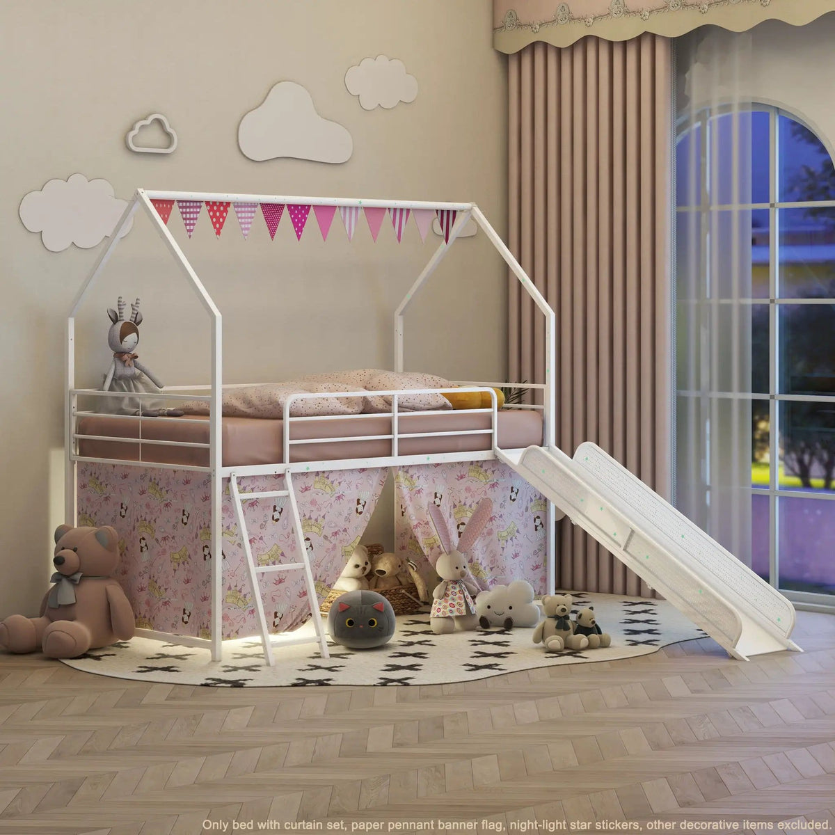 Jack House Loft Bed With Slide And Curtain Set | 5 Pieces | Metal | Bedroom