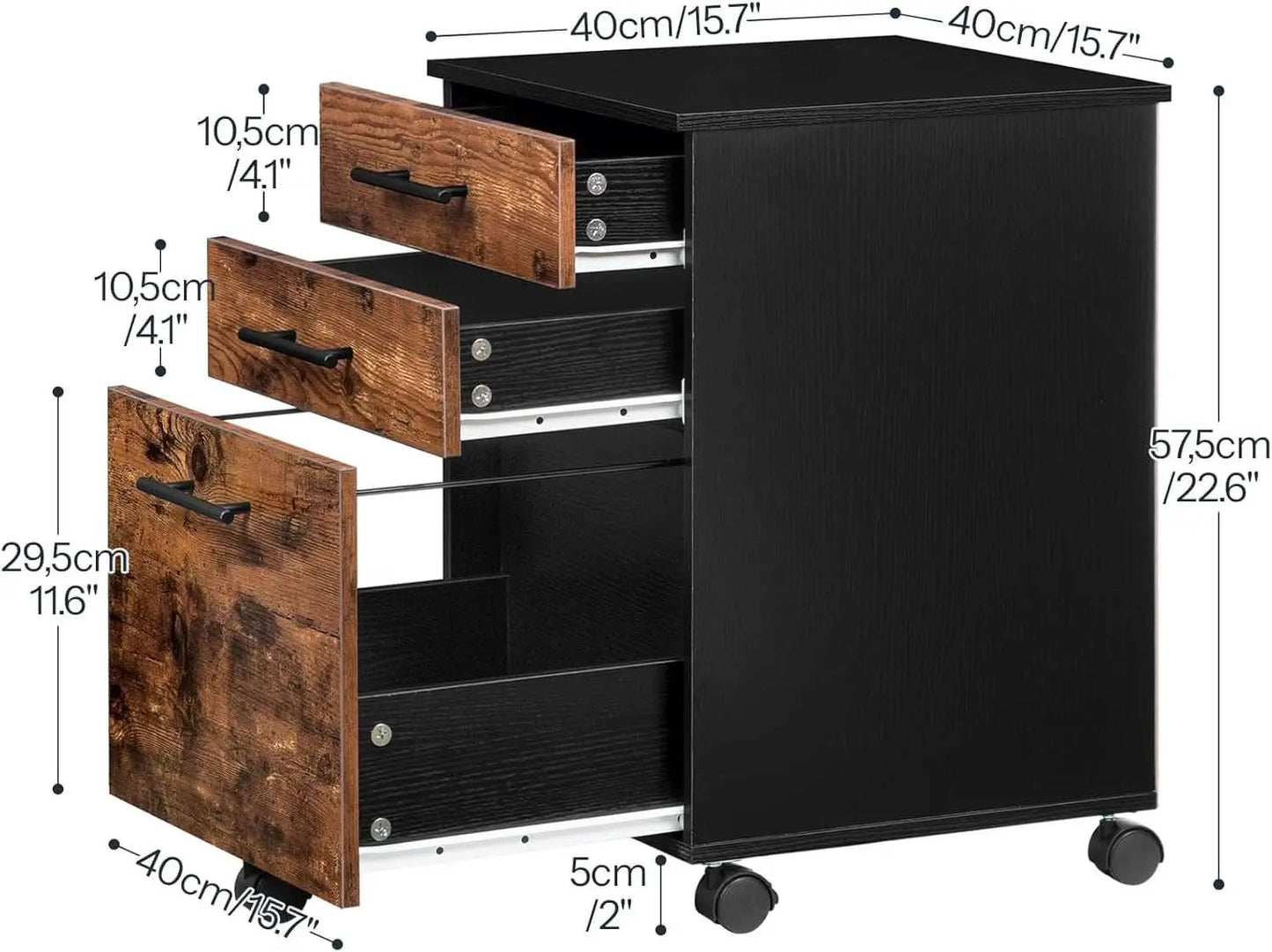 Wooden Three Drawer File Cabinet Under Desk Fits A4 Letter Size Rustic Brown Black Finish With Rolling Storage from PriceLows™
