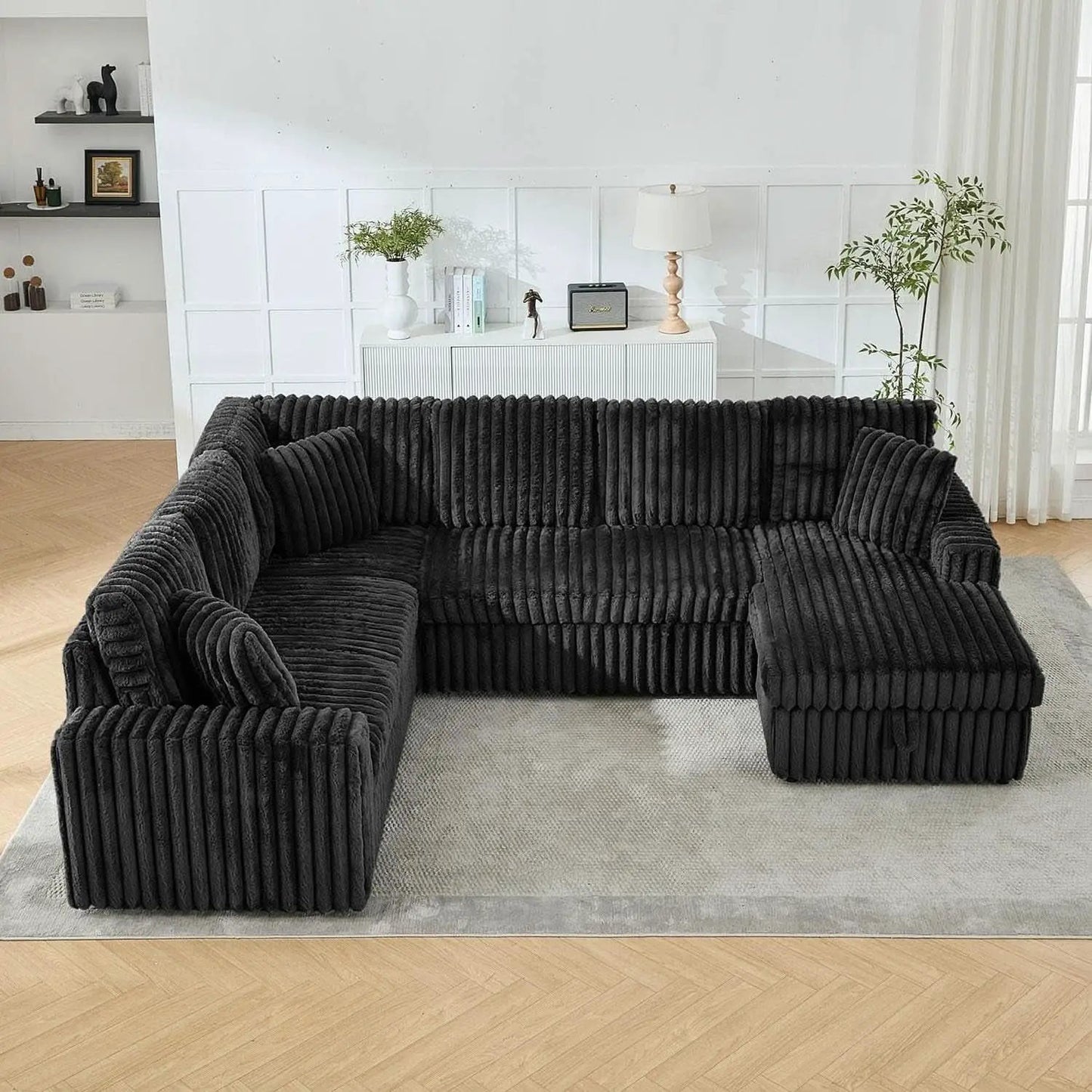 Black 122Inch U Shaped Sleeper Sectional USB Charging Ports from PriceLows™