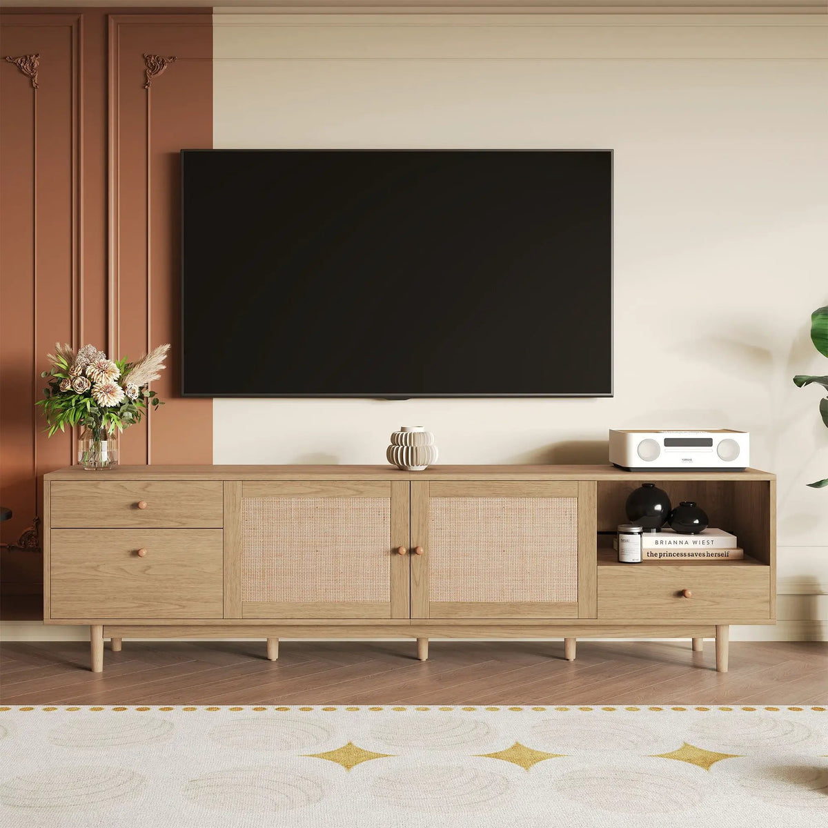 76 Inch TV Stand With Doors | Three Drawers | Two Cabinets | Natural Rattan Doors