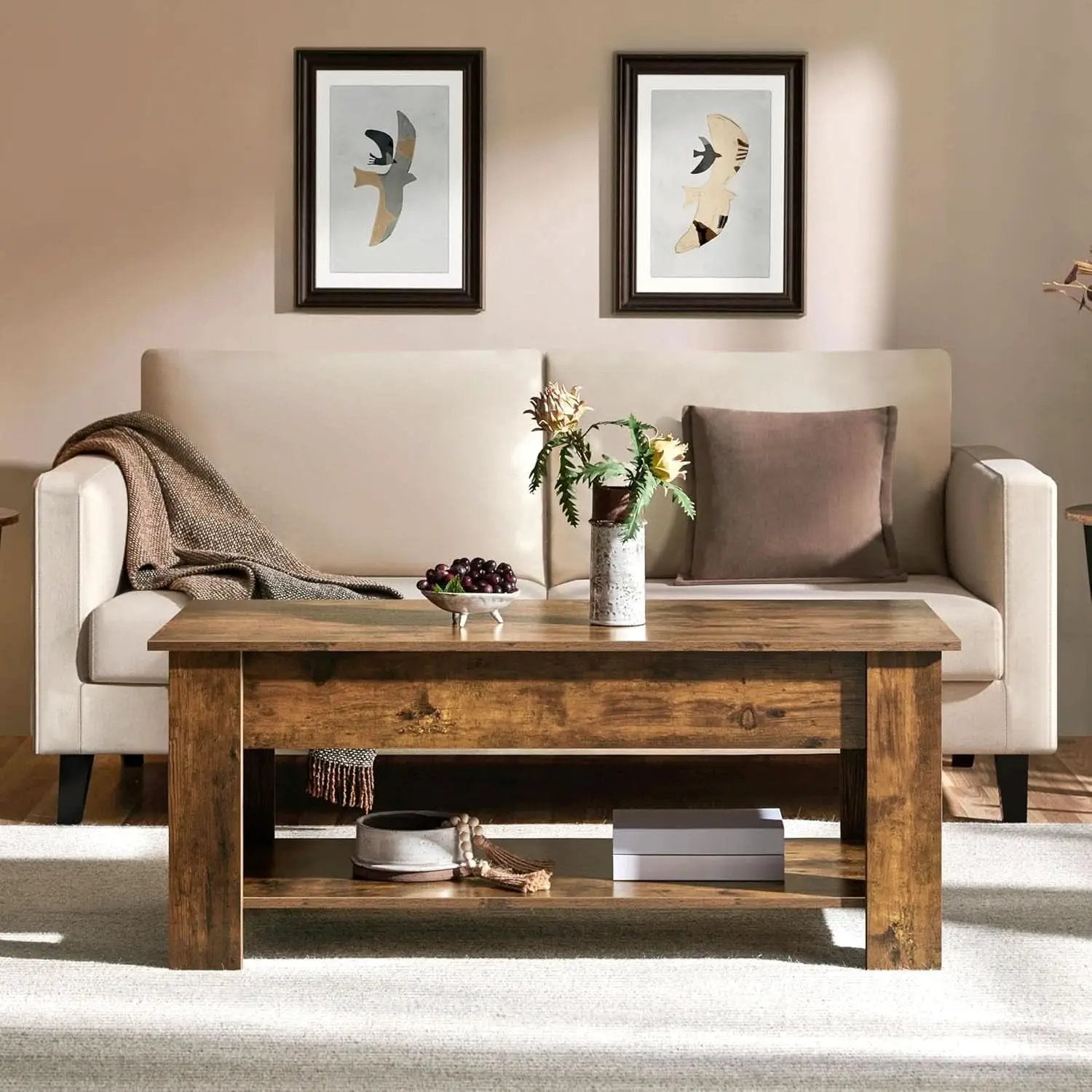 Coffee Table 47.5 Inch Lift Top With Hidden Compartment Rustic Brown from PriceLows™
