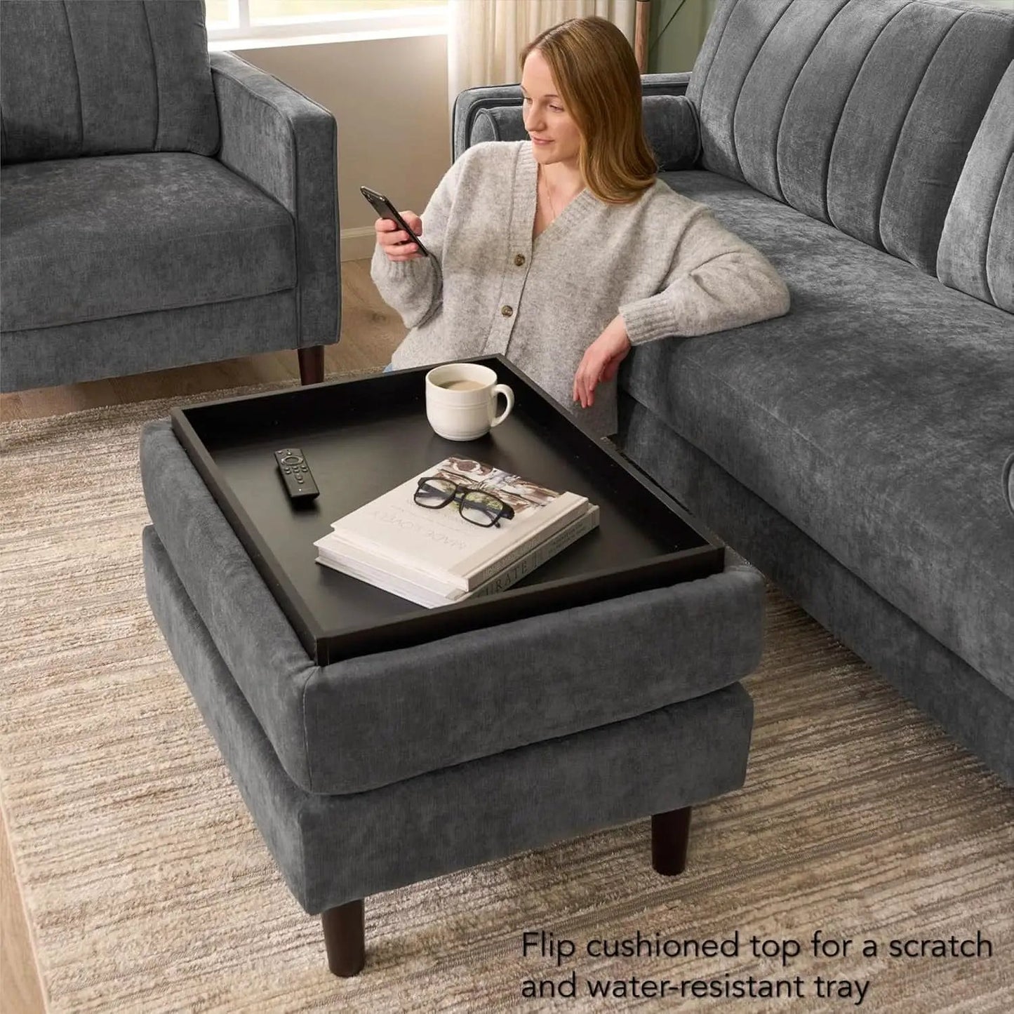 Iron Gray Chenille Reinforced Storage Ottoman Tray from PriceLows™